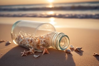 (Movie photo style high quality: 1.2), super detailed, a glass bottle filled with small stars, half exposed on the sand at 75-degree angle, beach landscape, sunset, crystal clear glass, Beach, subtle wavy water, sparkling sand, tiny seashells, gentle breeze, relaxing atmosphere, dreamy scene, tranquil environment, lens flare, macro shot