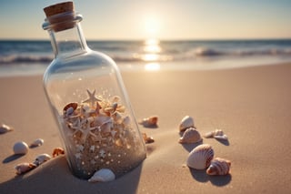 (Movie photo style high quality: 1.2), super detailed, a glass bottle filled with small stars is half exposed on the sand at a 75-degree angle, beach landscape, sunset, crystal clear glass, Beach, subtle wavy water, sparkling sand, tiny seashells, gentle breeze, relaxing atmosphere, dreamy scene, tranquil environment, lens flare, macro shot