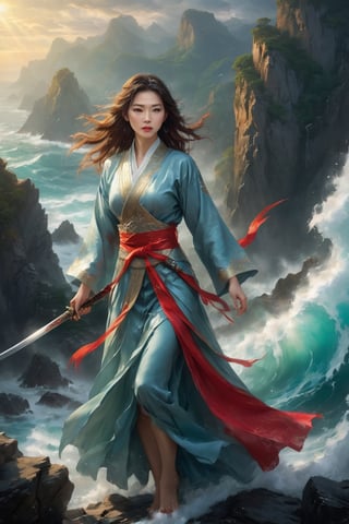 perfect face, beautiful eyes, delicate lips, Chinese swordswoman, holding a big long sword, elegant clothing, standing on a rocky cliff, rough waves below the cliff, sunlight filtering through the clouds, dramatic lights and shadows, bright colors, sonorous and powerful gestures, following the wind flowing hair, poised, Chinese landscape painting, realistic, best quality, 4k, 8k