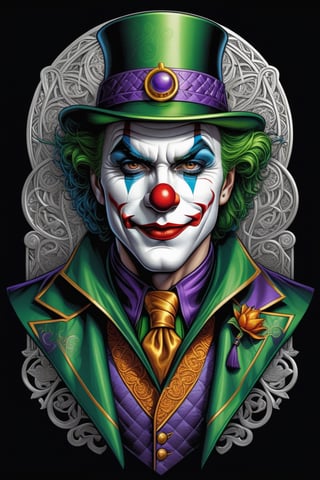 T-SHIRT DESIGN, BOLD DRAWING PEN AND INK, DETAILED LINES, BOLD LINES, A cartoon fantasy image of A CLASSIC JOKER , CLOWN, , From Irish Celtic mythology - with a metallic GOLDEN GREEN AND PURPLE , insanely detailed, 4k, trending on artstation, trending on artstation, sharp focus, studio photo, intricate details, highly detailed, by greg rutkowski, trending on artstation, intricate details, highly detailed, by greg rutkowski, WHITE BACKROUND, t- shirt design, bold drawing lines, define lines, highly detailed, creative illustration of an intricat medieval, 4k, digital painting, vector, color pallete of red, orange, blue bright color, fantasy art definition, intricat details, centered isometrict, logo style, tattoo designs, white backround