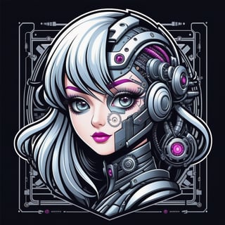 detailed lines , vector graphics, design for t-shirt print,cyberpunk art, cute girl beautiful LADY, WHITE face, half body ILLUSTRATION with robotic steampunk design , PINK HAIR, gray BACKROUND, logo type , centred isometric, cartoon