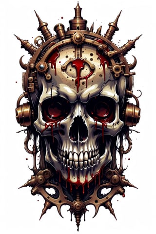 T-SHIRT DESIGN, STEAMPUNK ART, DEATHBONE SKULL,BLOOD SPLASH,, ,SACRICE SKULL AT THE CENTER OF THE HEAD,SCARY,BIG FACE,