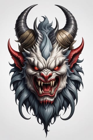 The mouth is torn long and the teeth are sticking out. The Japan classic monster with a rugged face with horns on its head,  tattoo design,  white background, detailed image