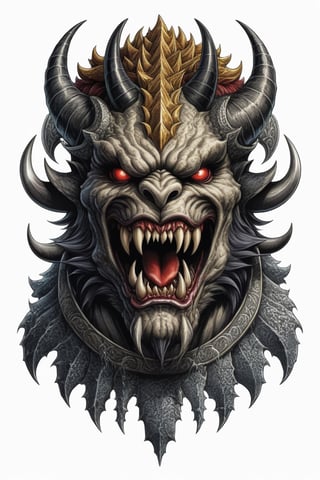 The mouth is torn long and the teeth are sticking out. The Japan classic monster with a rugged face with horns on its head,  tattoo design,  white background, detailed image,darkart,comic book