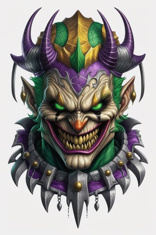 The mouth is torn long and the teeth are sticking out. The Japan classic JOKER monster with a rugged face with horns on its head,  tattoo design,  white background, detailed image,darkart,comic book,, BRIGHT GREEN  AND PURPLE COLOR