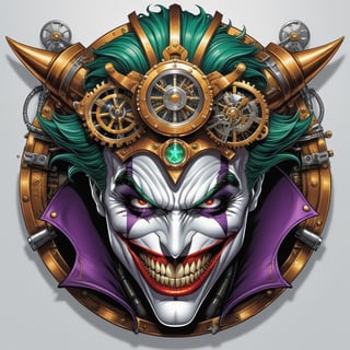 t-shirt design, STEAMPUNK ART, The mouth is torn long and the teeth are sticking out. The classic JOKER ROBOTIC BIG MUSCLE  with CLEAR DETAILED face , white background, detailed image, comic book, CARTOON STYLE