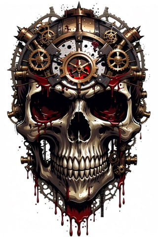 T-SHIRT DESIGN, STEAMPUNK ART, DEATHBONE SKULL,BLOOD SPLASH,SACRICE SKULLAT THE CENTER OF THE HEAD,SCARY