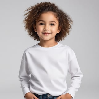 a kid posing for a fashion photoshoot. wearing a plain round neck t-shirt of no image. WHITE BACKROUND