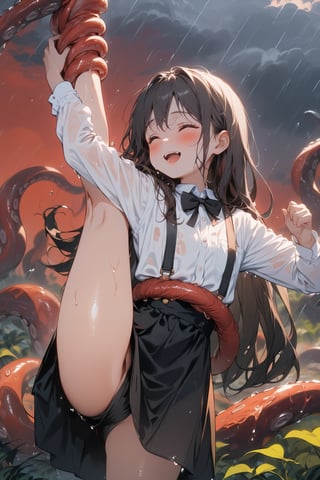 //quality, masterpiece:1.4, detailed:1.4,best quality:1.4,//,1girl,solo,(loli),//, black_hair,long hair,straight_hair,closed_eyes,//,(black suspender dress),(white shirt),bow,long_sleeves,black shoes,(wet),wet hair,wet clothes, (tentacles),hair_tentacles,lots of tentacles, surrounding by tentacles,//,mouth open,blush,smile,//,(dancing with tentacles),(tentacles rope), hands holding tentacles,//(heavy raining),(red_sky), (cloudy),fog,(garden),horror,red theme,eldritch_abomination,close_up,cowboy_shot,standing_split