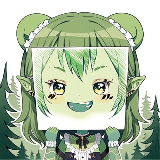 //quality, (masterpiece:1.4), (detailed), ((,best quality,))//,PaperLikeFace,//1girl,chibi,//,(goblin_ears:1.3),(green skin:1.4),//, lolita,//,happy_face, smile,//,holding paper,//paper, forest , cute tattoo body, face tattoo 