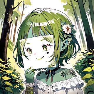 //quality, (masterpiece:1.4), (detailed), ((,best quality,)),//1girl,//,(goblin_ear:1.3),(green skin:1.4), medium_hair, straight_hair,//, lolita,//, smile,//,holding paper,//, forest,leaf, flowers, body tattoo, face tattoo ,PaperLikeFace