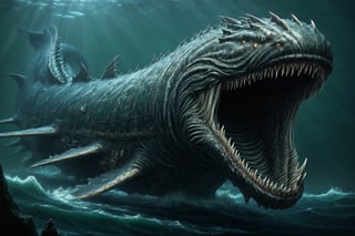 //quality, masterpiece:1.4, detailed:1.4,best quality:1.4,//,horror, terrible,giant sea monster,leviathan a sea monster,fangs,deep sea,dark sea,wide shot,no humans,scenery,