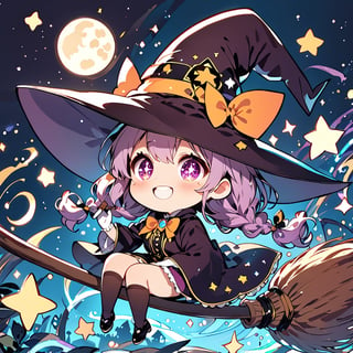 //quality, (masterpiece:1.3), (detailed), ((,best quality,)),//,illustration,//,(1girl),solo,(chibi:1.4),loli,(wizard:1.3),//,(purple hair:1.3),(twin braids:1.3),detailed eyes, purple eyes,(,glowing_eyes,sparkling_eyes:1.3),//,wizard costume,ribbons,brooch,white gloves,stockings,//,blush,smile,mouth_open,teeth,//(,astride on magic broom:1.4),//,(night:1.3),moonlight,stars,star_(symbol),firefly,magic_broom,(stickers:1.3),sticker,outline