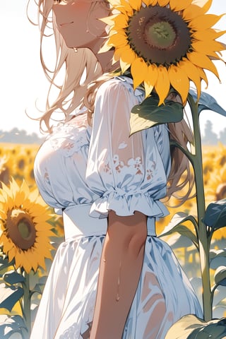 //quality, masterpiece:1.4, detailed:1.4,best quality:1.4,//,1girl, solo,//,(tan skin),blonde_hair,(long hair),french_braid,(large chest),//,white dress,lolita,see_through dress,//,sweaty,light smile,closed_mouth,//,holding sunflower,//,windy,sunflowers, sunflower fields, nature, backlighting, close-up to sunflower,close_up shot of waist and (head_out of frame)