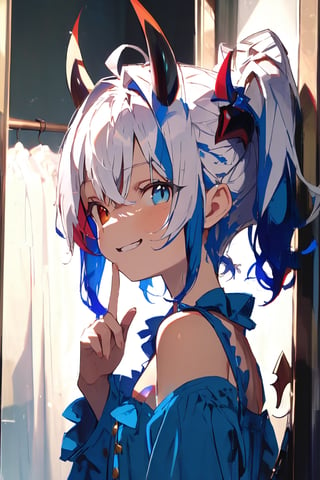 //quality, (masterpiece:1.331), (detailed), ((,best quality,))//,close-up protrait,//,1girl,loli,cute,//,(white hair:1.3),(blue hair:1.2),(colored inner hair:1.4),(side_ponytail:1.331),ahoge,hair_accessories,beautiful detailed eyes,glowing eyes,(blue eyes:1.2),(red eyes:1.1),(heterochromia:1.4),(small_breasts:1.331),//,,fashion,(blue pajama:1.331),(devil_tail: 1.331),//,(naughty_face:1.21),(evil smile:1.331),facing at viewer,//,standing in front of the mirror, (finger over mouth:1.331),//,washroom,profile,mirror,,//,