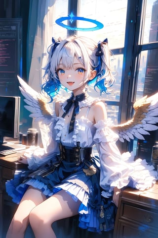 [Angel ଘ( ˊᵕˋ )ଓ TensorArt:0.00]//quality, (masterpiece:1.331), (detailed), ((,best quality,)),//portrait,//,1girl,solo,loli, (angel:1.331),//,(short twintails:1.331),(white hair:1.3),(blue hair:1.2),(colored inner hair:1.4),ahoge,(halo:1.331),hair_accessories,(small_breasts:1.331), blue eyes,beautiful detailed eyes,glowing eyes,(angel_wings),//,lolita,(white topwear:1.21),(blue_dress: 1.331),//, smile ,cute_fangs, looking at viewer,//, sitting,//,internet,line code,(data codes:1.331), (glitch effect:1.331),(scenery:1.331), computer, table,//,