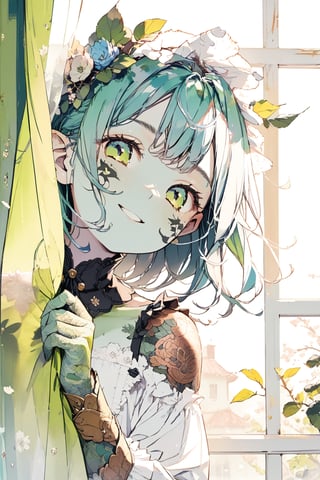 //quality, (masterpiece:1.4), (detailed), ((,best quality,)),//1girl,loli, cute,//,(green goblin_ear:1.3),(green face),(,green skin:1.4),medium_hair, straight_hair,//,lolita, white clothes,//,smiling,//,peeking out,(,peeking out upper body :1.4), (transparent curtains:1.2),//,window,leaf, flowers,tattoo,face tattoo,goblin,patina metal skin, scenery 