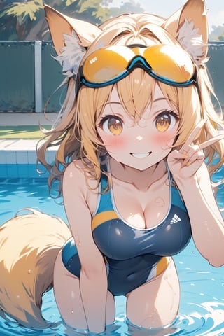 //quality, masterpiece:1.4,detailed:1.4,best quality:1.4, //,1girl, solo,//, yellow dog ears, animal ear fluff, yellow dog tail, hairstyle, yellow hair, long hair, wavy hair, bangs, yellow eyes, detailed eyes,large_breasts,cleavage,armpits,collarbone,//,goggle_on_head, school_swimsuit, sukimizu,wet, wet hair, sleeveless, covered_navel,//,blush, smile, grinning, //,leaning_forward,v,v over eyes, cowboy_shot,//,swimming_pool,competitive swimsuit,Colorful art,Vivid Colors