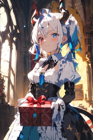 //quality, (masterpiece:1.331), (detailed), ((,best quality,)),//,//,1girl,loli,solo,//,(short twintails:1.331),(white hair:1.3),(blue hair:1.2),(colored inner hair:1.4),ahoge,glowing_hair,(demon horn:1.331),hair_accessories,(covered small_breasts:1.331), beautiful detailed eyes,glowing eyes,(blue eyes:1.2),(red eyes:1.1),(heterochromia:1.4),//,lolita,maid,white topwear,blue bottom wear,(devil_tail:1.331),//,(blushing:1.331),shy,smile,facing at viewer,white gloves,//,gifts,(holding_present:1.331),first-person_view,//,(indoors:1.331),detailed room,close-up portrait, straight-on ,cute knight,scenery