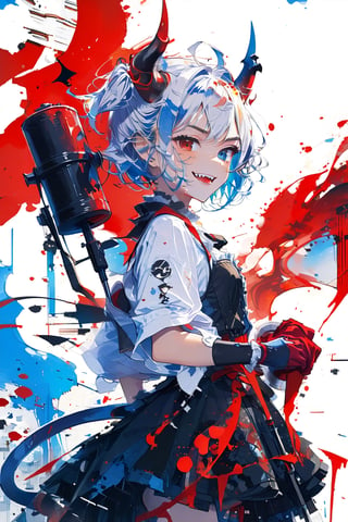 [Evil 😈TensorArt-chan:0.00]//quality, (masterpiece:1.331), (detailed), ((,best quality,)),//,//,1girl,solo,loli,//,(short twintails:1.331),(white hair:1.3),(blue hair:1.2),(colored inner hair:1.4),ahoge,glowing_hair,(demon horn:1.331),hair_accessories,(covered small_breasts:1.331), beautiful detailed eyes,glowing eyes,(blue eyes:1.21),(red eyes:1.1),(heterochromia:1.4),//,fashion,(logo on her shirt write tensorart),white jacket with logos,white crop topblue bottom wear,(devil_tail:1.331),//,(,naughty_face:1.21),(smirk:1.331),(fangs,),facing at viewer,//,(((girl holds a huge red paint roller in her hands))),wall painting,(hands_up),,(wall:1.331),(back_against_wall),//(glitch effect: 1.331),puzzle,straight-on,//,scenery,ink,red and blue gloves