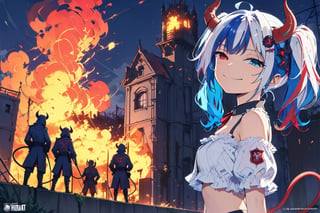 [Evil 😈TensorArt-chan:0.00]//quality, (masterpiece:1.331), (detailed), ((,best quality,)),//,//,1girl,loli,girl with burning building in background, girl's position is in the bottom right corner,(cropped shoulders:1.331),//,(short twintails:1.331),(white hair:1.3),(blue hair:1.2),(colored inner hair:1.4),ahoge,glowing_hair,(demon horn:1.331),hair_accessories,(covered small_breasts:1.331), beautiful detailed eyes,glowing eyes,(blue eyes:1.3),(red eyes:1.2),(heterochromia:1.4),//,fashion,white jacket with logos,white crop top,(devil_tail:1.331),//,(,naughty_face:1.21),evil emile,(smirk:1.331),//,standing,(looking_back:1.331),//,(outdoors:1.331),fire,flame,((fire truck)),explosion,(midnight:1.331),//,scenery,glow_in_the_dark,from_behind:1.21,fire element,smug