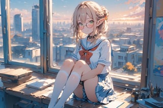 //quality, masterpiece:1.4,detailed:1.4,best quality:1.4, //,1girl, solo,//,elf,elf_ears,(dark skin),blonde_hair,straight_hair,french_braid,sidelocks,light green eyes,detailed eyes,(large chest),//,(glasses),hair_accessories,sailor_collar,white school uniform,(white stockings),//,light smile,closed_mouth,blush,//,sitting on window,hugging own legs,feet up,knee_up,,//,school,(sunset),backlighting,aesthetic,Colorful art,Vivid Colors,outdoors, building, cityscape,scenery