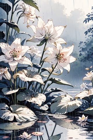 //quality, (masterpiece:1.4), (detailed), ((,best quality,)),//(heavy raining:1.3),(flowers:1.4),flower focus,lily_(flower),leaf,plant,reflection,spring,Sepals,Petals