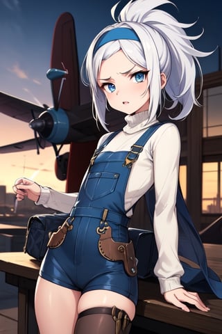 best quality, 12 yo, fluffy spiky white haired, spiky messy ponytail, flat girl, blue eyes, wearing a white sweater, with a overall, blue headband,furious, fight escene, anime stile, cool footage , old vintage plane in the background, steampunk themed 