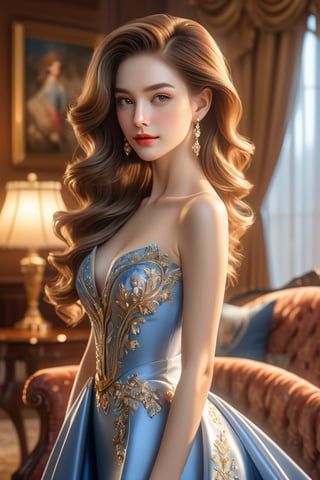 (best quality, masterpiece:1.3), illustration, 8K UHD, ultra high res, Physically Based Rendering, cinematic light, extremely intricate details, bright expression, beautiful young woman, (sleek and elegant hair), porcelain skin, beautiful face, shapely figure, (wearing evening gown) nostalgic Elegance, in the living room, (front and sharp focus), (looking at viewer:1.5), (cowboy_shot:1.8), Enhance, ,niji style