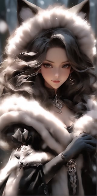 An artistic vision of a witch dressed in winter gothic Lolita attire with fox fur scarf. She has a fox fur gloves on her hands. Half smile. One eye closed. Dark forest. Disheveled hair. Close-up shot. Cluttered maximalism. Low-key lighting. Photorealistic. High angle. ani_booster,real_booster