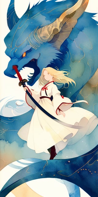 A faceless Asian warrior, tall and slender, strides confidently towards us against a radiant white background, her gaze fixed on some distant horizon. In one hand, she holds an outstretched sword, its blade shining with a subtle glow; in the other, a dagger gleams menacingly. Beside her, a massive Cerberus companion stalks, its sharp fangs and imposing stature commanding attention. The overall composition is reminiscent of Amano's concept art style, with delicate watercolor-inspired hues and flat vector lines defining the characters' features.