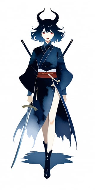 A faceless tall and skinny asian woman, walking towards us, silhouetted against a white background, an outstretched sword in one hand, a dagger in the other. A huge Cerberus walking beside her and showing its sharp fangs, in the style of amano, concept art,watercolor \(medium\),Flat vector art,Yuru-Flat