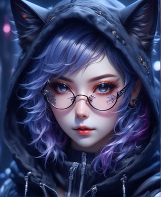 a girl wearing a hoodie with a cat on it, realistic, cyberpunk assassin, cyberpunk girl in hoodie wearing glasses, nekro xiii, very beautiful cyberpunk samurai, black lips, eyeliner, goth makeup, realistic anime art style, fantasy artwork, portrait of a steampunk catgirl, multicolor hair,goth person,ct-niji3