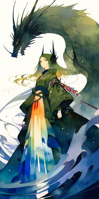 A faceless Asian warrior, tall and slender, strides confidently towards us against a radiant white background, her gaze fixed on some distant horizon. In one hand, she holds an outstretched sword, its blade shining with a subtle glow; in the other, a dagger gleams menacingly. Beside her, a massive Cerberus companion stalks, its sharp fangs and imposing stature commanding attention. The overall composition is reminiscent of Amano's concept art style, with delicate watercolor-inspired hues and flat vector lines defining the characters' features.