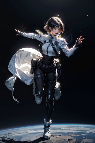 
full body, dynamic poses, beautiful teenage girl, glowing eyes, short colorful hair, bangs, detailed eyes, slim waist, masterpiece, best quality, realistic lighting effects, military spacesuit, open neckline, body straps, hollow crop top space jacket(military), military knee pads, perfect figure, space boots, space station, gloves, space helmet, headphone,solo femaleCinematic angle, cool smirk, sharp eyes, ultra fine quality, masterpiece, best quality, incredibly absurdres, highly detailed, sharp focus, (photon mapping, radiosity, physically-based rendering, automatic white balance), furure_urban, ,rubbersuit02