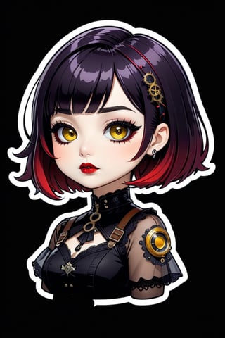 sticker design, steampunk, upper body, close eyes, white background, bob cut, short hair, multicolored hair, makeup , parted lips, black lips, eyeliner, gothic, goth girl,
her hair is styled in a bob with bangs. the tips of her hair are dyed red. sweet cartoon style

,disney pixar style,Line Chibi yellow,LIMBUSCOMPANY_Ryoshu,flat design,cute comic,anime,Emote Chibi