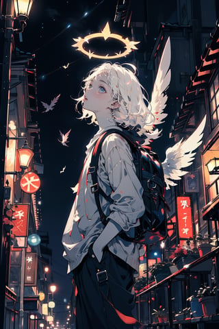 a girl with single bat wing remisnicing of the past, fluttering white hair, pale skin, nice clothes, baggy, backpack, vintage, night, looking up, night sky, angel halo, Holy light, feather wings, city street