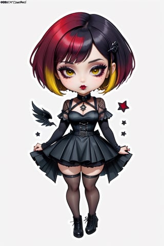 sticker design, steampunk, full body, sharp eyes, white background, bob cut, short hair, multicolored hair, makeup , parted lips, black lips, eyeliner, gothic, goth girl,
her hair is styled in a bob with bangs. the tips of her hair are dyed red. sweet cartoon style

,disney pixar style,Line Chibi yellow,LIMBUSCOMPANY_Ryoshu,flat design,cute comic,anime,cutesexyrobbuts style