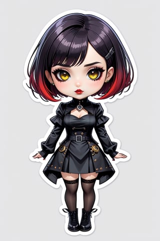 sticker design, steampunk, full body, sharp eyes, white background, bob cut, short hair, multicolored hair, makeup , parted lips, black lips, eyeliner, gothic, goth girl,
her hair is styled in a bob with bangs. the tips of her hair are dyed red. sweet cartoon style

,disney pixar style,Line Chibi yellow,LIMBUSCOMPANY_Ryoshu,flat design,cute comic,anime,cutesexyrobbuts style,naked bandage