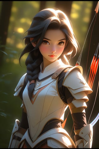 Masterpiece portrait of a stunning teenage girl in an anime-inspired setting. The exquisite details and textures shine in vibrant colors against the warm-toned forest background. Soft, cinematic lighting casts sidelighting on her beautiful face, accentuating high cheekbones, piercing eyes gazing at the tip of her arrow, and a prominent nose. Her long, straight black hair falls to her feet, framing her serene expression. She wears a cute white archery uniform with a compound bow in hand, held out in front with precision. The focus is on her, as if frozen in mid-air, amidst ambient lighting that adds depth and dimensionality. This ultra-high-definition drawing boasts octane-level render quality, rivaling 8K artistic photography in photorealistic concept art perfection.
photorealistic concept art, soft natural volumetric cinematic perfect light. 