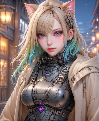 a girl wearing a hoodie with a cat on it, realistic, cyberpunk assassin, cyberpunk girl in hoodie, nekro xiii, very beautiful cyberpunk samurai, black lips, eyeliner, goth makeup, realistic anime art style, fantasy artwork, portrait of a steampunk catgirl, multicolor hair,goth person,ct-niji3,cyb-3d-art,Cyber Warrior,ani_booster,art_booster