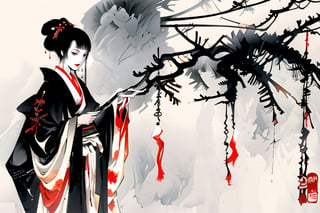 masterpiece, 1girl, oriental style, long hands,
(white background:1.5),
simple background,
mature female,
kimono,Holding a smoking pipe,
,masterpiece,
line anime,fujimotostyle,
Black and white comic style,best quality,
Ukiyo-e,ink splash,A Traditional Japanese Art,ancient_beautiful