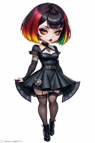 sticker design, steampunk, full body, sharp eyes, white background, bob cut, short hair, multicolored hair, makeup , parted lips, black lips, eyeliner, gothic, goth girl,
her hair is styled in a bob with bangs. the tips of her hair are dyed red. sweet cartoon style

,disney pixar style,Line Chibi yellow,LIMBUSCOMPANY_Ryoshu,flat design,cute comic,anime,cutesexyrobbuts style