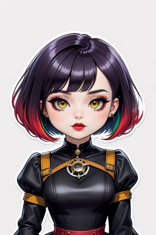 sticker design, steampunk, upper body, close eyes, white background, bob cut, short hair, multicolored hair, makeup , parted lips, black lips, eyeliner, gothic, goth girl,
her hair is styled in a bob with bangs. the tips of her hair are dyed red. sweet cartoon style

,disney pixar style,Line Chibi yellow