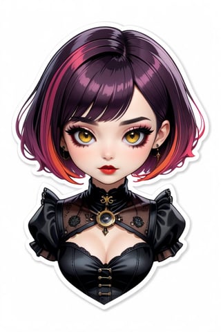 sticker design, steampunk, upper body, close eyes, white background, bob cut, short hair, multicolored hair, makeup , parted lips, black lips, eyeliner, gothic, goth girl,
her hair is styled in a bob with bangs. the tips of her hair are dyed red. sweet cartoon style

,disney pixar style,Line Chibi yellow,Line Chibi pink,Flat Design