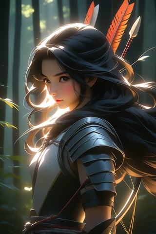 A breathtaking masterpiece! In a warm, ultra-realistic illustration, an Asian girl stands solo amidst a vibrant forest background. Her exquisite features shine in cinematic lighting, with sidelighting accentuating her beautiful face and piercing eyes fixed on the tip of her arrow. Chest-top composition showcases her high nose and delicate black gloves holding a bow with a string of black feathers. Her left hand cradles the bow, as she poses with it held out in front. Long, straight black hair flows down her back, framing her petite frame in a white archery uniform. The scene is set for an anime-style adventure, with intricate details and textures rendered in ultra-high definition.