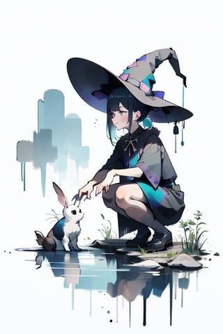 girl caressing a rabbit, dressed as a witch near a river, crouching caressing the rabbit, pastel colors, purple colors, blue colors, green colors, shading, gray scale, hand drawn,wgz_style