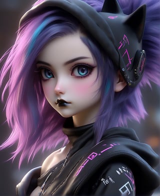 full body of a girl wearing a hoodie with a cat on it, realistic, cyberpunk assassin, cyberpunk girl in hoodie, nekro xiii, very beautiful cyberpunk samurai, black lips, eyeliner, goth makeup, realistic anime art style, fantasy artwork, portrait of a steampunk catgirl, multicolor hair,goth person,ct-niji3,cyb-3d-art,Cyber Warrior,art_booster