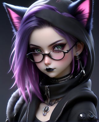 a girl wearing a hoodie with a cat on it, realistic, cyberpunk assassin, cyberpunk girl in hoodie wearing glasses, nekro xiii, very beautiful cyberpunk samurai, black lips, eyeliner, goth makeup, realistic anime art style, fantasy artwork, portrait of a steampunk catgirl, multicolor hair,goth person,ct-niji3,cyb-3d-art,Cyber Warrior,art_booster