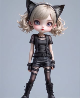 sticker design, Super realistic, full body, a cute girl with cat ears, short light blonde hair, the tips of her hair dyed lavender, black lips, black eyeliner, headphones hanging around her neck, flying goggles on her head, black goth punk Dressed in a short-sleeved hollow top, tight jeans, and a work fanny pack, sitting on a small stool with her elbows on knees and her chin on palms, showing a thinking expression and her mouth slightly poutted. Simple light gray background.